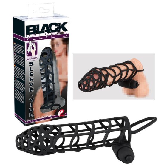 Black Velvets Penis Sleeve - mřížkovaný, vibrační návlek na penis (černý)