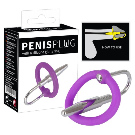 Penisplug - силиконов пръстен за пенис с уретрален конус (лилаво-сребрист)
