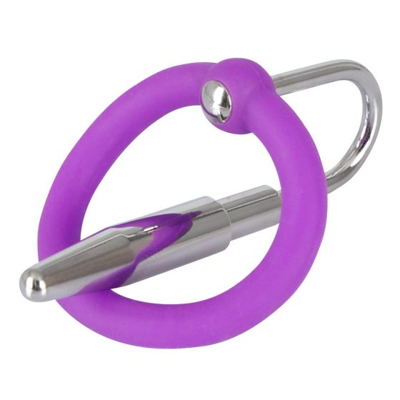 Penisplug - силиконов пръстен за пенис с уретрален конус (лилаво-сребрист)