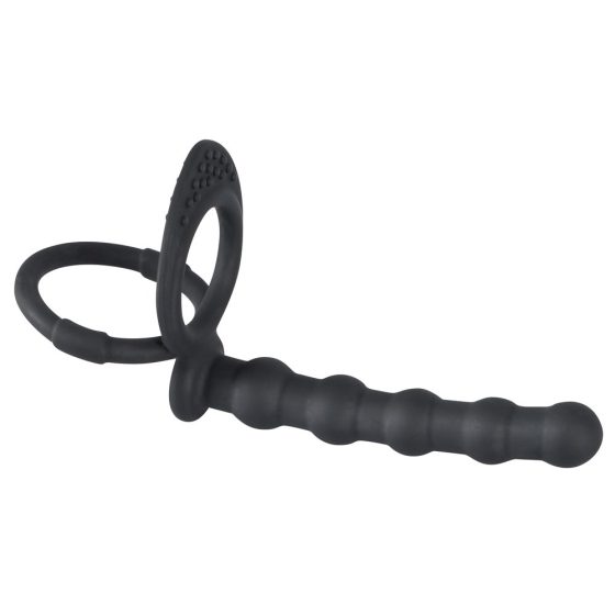 Black Velvet - пръстен за тестиси и пенис с анален вибратор (черен)