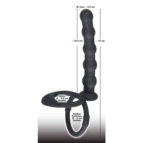 Black Velvet - пръстен за тестиси и пенис с анален вибратор (черен)