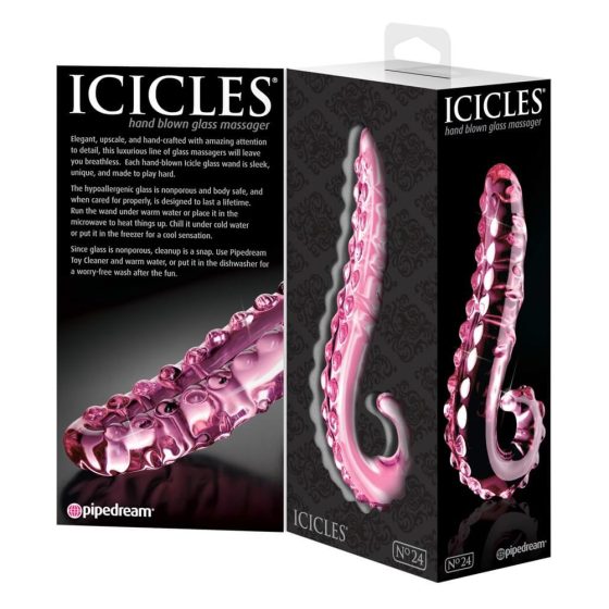 Icicles No. 24 - стъклен вибратор с оребрен език (розов)