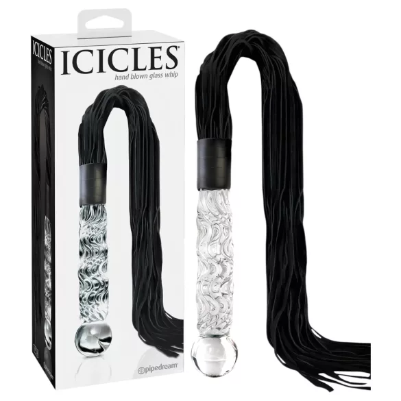 Icicles No. 38 - стъклено дилдо и кожен камшик - прозрачно/черно
