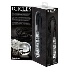   Icicles No. 38 - дилдо от вълнообразно стъкло с кожен камшик (полупрозрачно-черно)