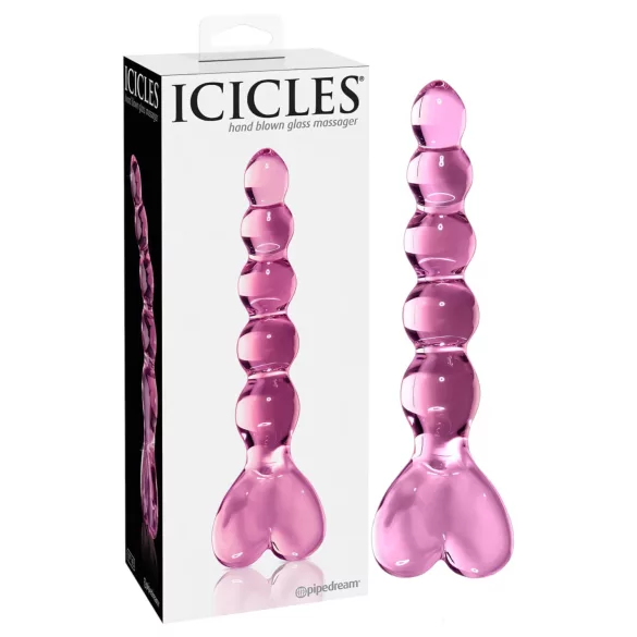 Icicles No. 43 - стъклено дилдо с мъниста и сърце - розово
