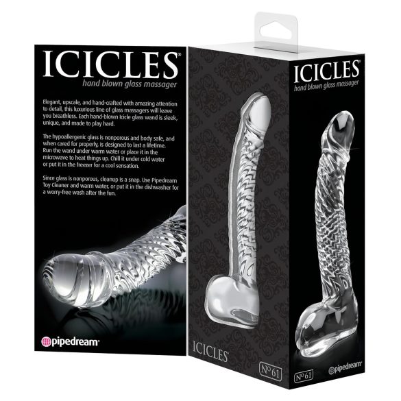 Icicles No. 61 - стъклено дилдо с тестиси и пенис - прозрачно