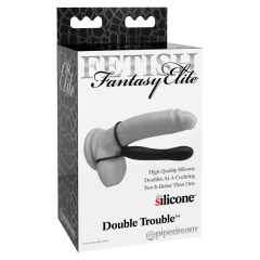   Фетиш Двойна неприятност - пръстен за тестиси и пенис с анален вибратор (черен)