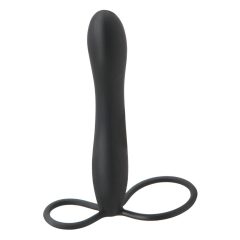   Фетиш Двойна неприятност - пръстен за тестиси и пенис с анален вибратор (черен)