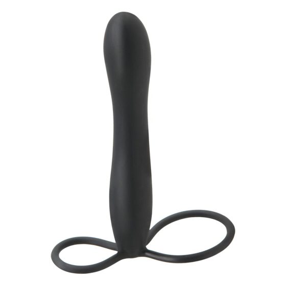 Фетиш Двойна неприятност - пръстен за тестиси и пенис с анален вибратор (черен)