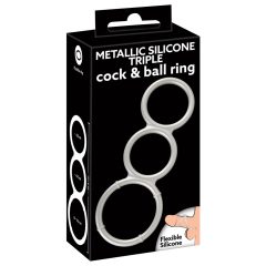   You2Toys - троен силиконов пръстен за пенис и тестиси с метален ефект (сребърен)