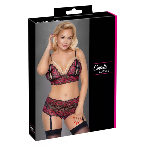 Cottelli Curves - флорално отворен сутиен комплект (черен) - 3XL/4XL