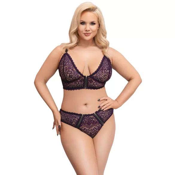 Cottelli Plus Size - прозрачен комплект сутиен с шарки (лилав) - 2XL