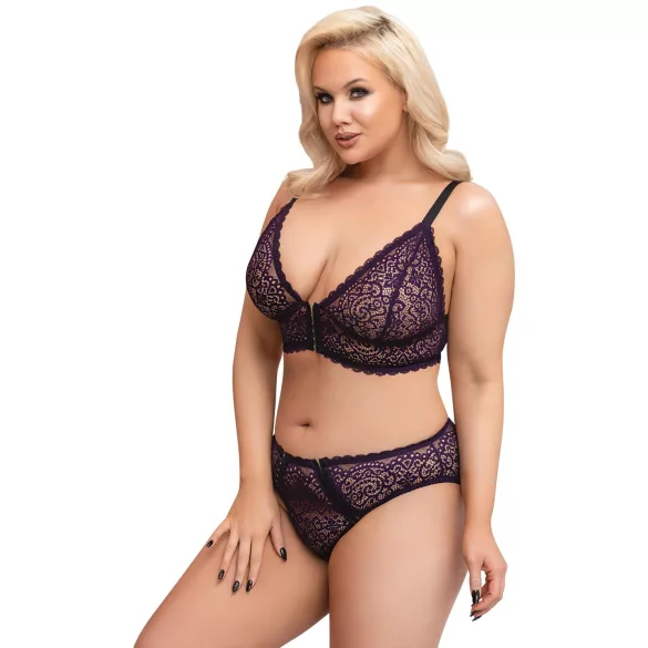Cottelli Plus Size - прозрачен комплект сутиен с шарки (лилав) - 2XL
