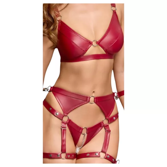 Cottelli Bondage - бляскав сутиен комплект и белезници (червен) - XL