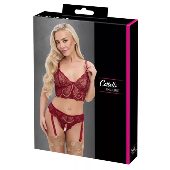 Cottelli - двукомплектен дантелен комплект с жартиери (червен)
