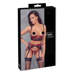   Cottelli Bondage - Матов, дантелен повдигач за бюст комплект (червен)