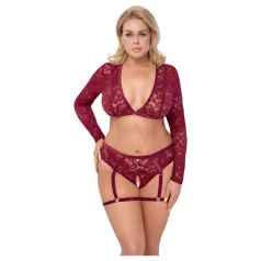   Cottelli Curves - дамски дантелен комплект с дълъг ръкав - червен - 2XL