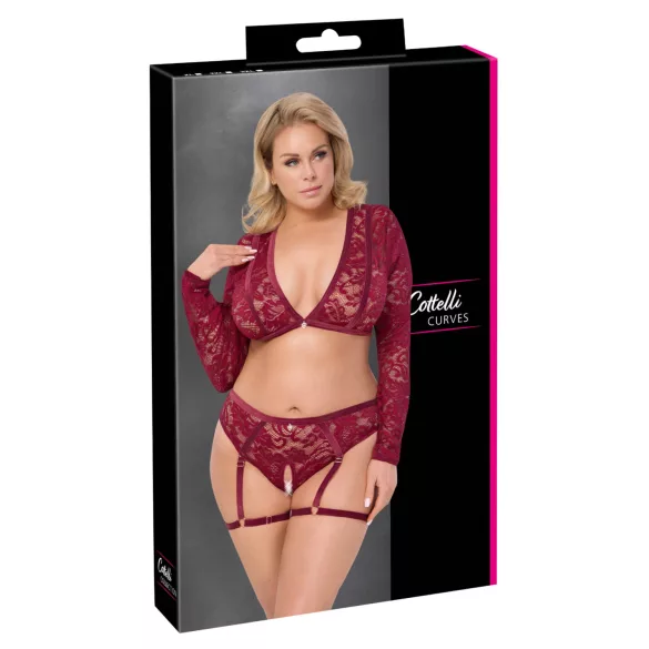 Cottelli Curves - дамски дантелен комплект с дълъг ръкав - червен - 3XL