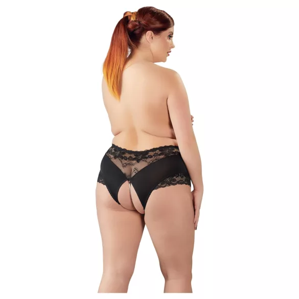 Cottelli Plus Size - дамски прашки с отвор и перли - черна дантела