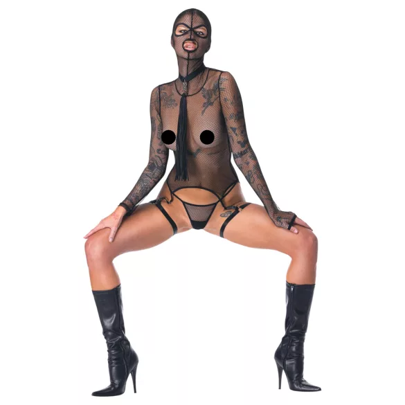 Bad Kitty - BDSM нежен мрежест сет с камшик - черен - L
