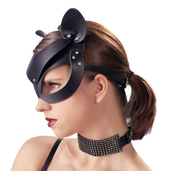 Bad Kitty - маска на котка от изкуствена кожа и кристали - черна (S-L)