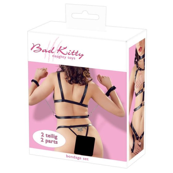 Bad Kitty - комплект колани за тяло с шипове и белезници (черен)