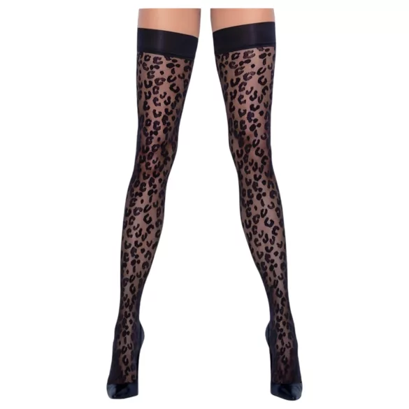Cottelli Legwear - дамски чорапи до бедрото - леопардов принт - черни