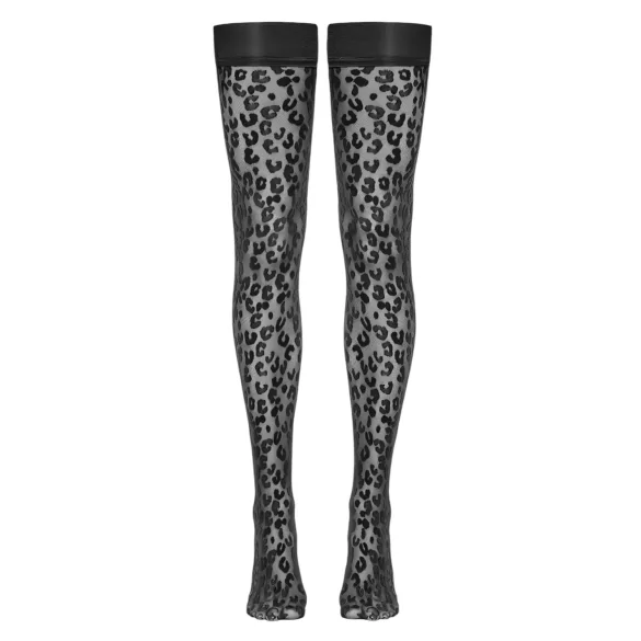 Cottelli Legwear - дамски чорапи до бедрото - леопардов принт - черни