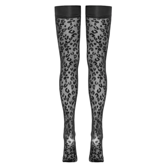 Cottelli Legwear - дамски чорапи до бедрото - леопардов принт - черни