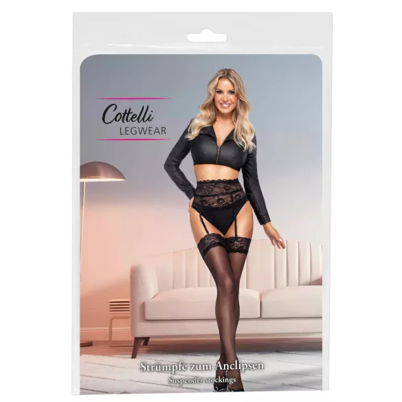Cottelli - силиконови чорапи за бедра - черни - сатенен ефект
