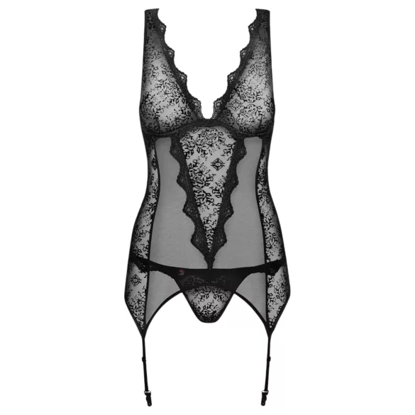 Obsessive - дамски комплект с бродирано горнище и прашка - черен - L/XL