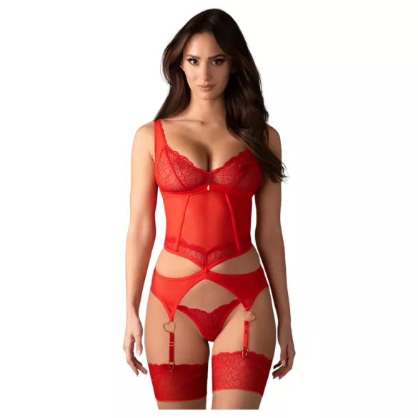Obsessive Cupide Desir - секси дантелен комплект - прозрачен, червен - L/XL