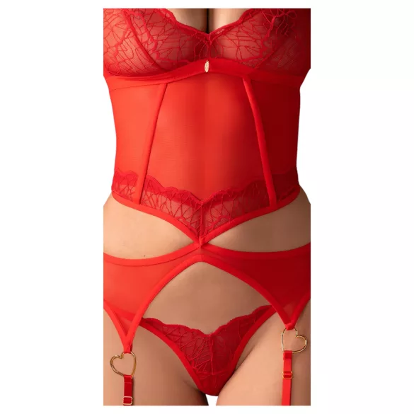 Obsessive Cupide Desir - секси дантелен комплект - прозрачен, червен - L/XL
