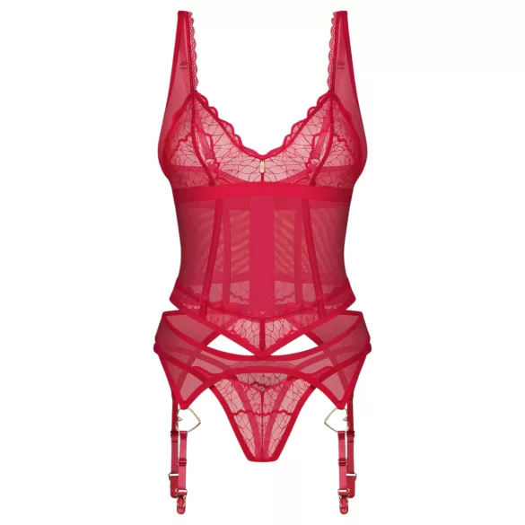 Obsessive Cupide Desir - секси дантелен комплект - прозрачен, червен - L/XL