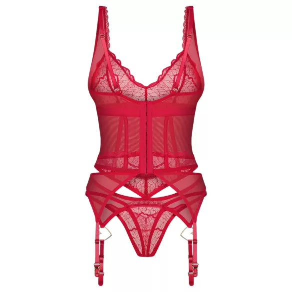 Obsessive Cupide Desir - секси дантелен комплект - прозрачен, червен - L/XL