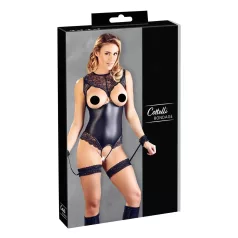   Cottelli Bondage - отворено боди с блестящ ефект и белезници за ръце - черно - L