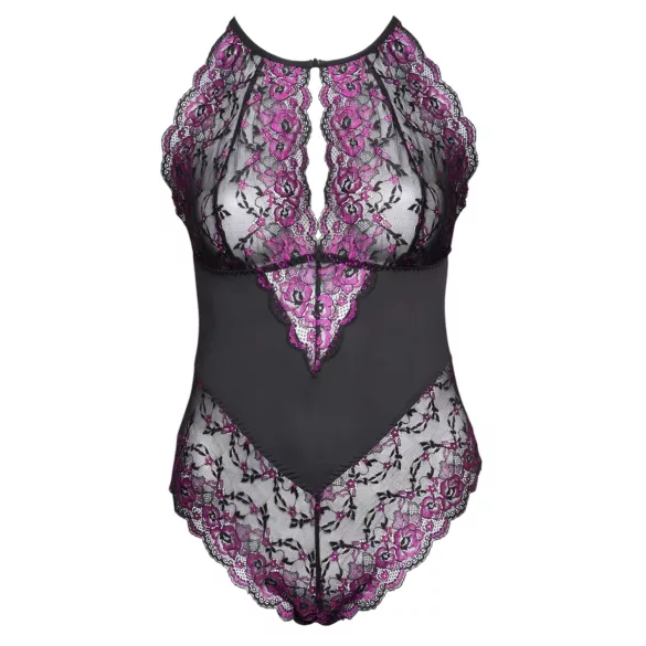 Cottelli Plus Size - боди с цветя - черно-лилаво - 3XL