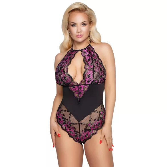 Cottelli Plus Size - боди с цветя - черно-лилаво - 4XL