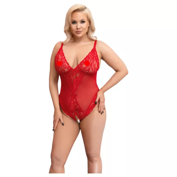 Cottelli Curves - прозрачно дантелено боди (червено) - 3XL