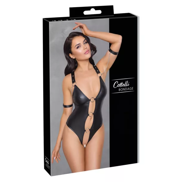 Cottelli Bondage - дамско боди с отворен дизайн и пръстени - лъскаво черно