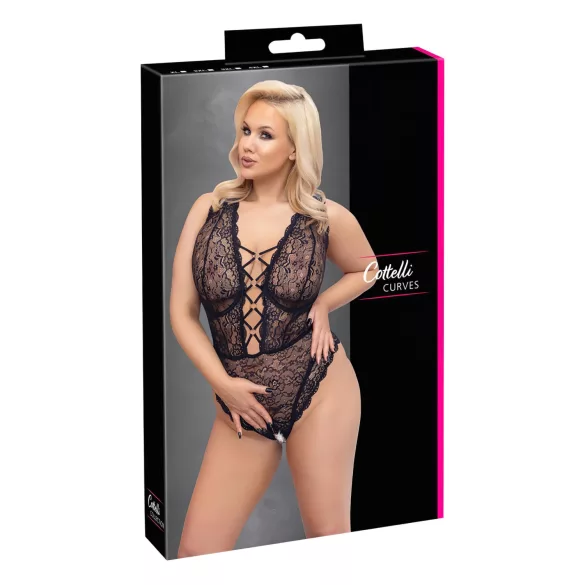 Cottelli Curves Plus Size - дамско боди с прозрачен десен - черно