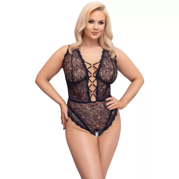 Cottelli Curves Plus Size - дамско боди с прозрачен десен - черно