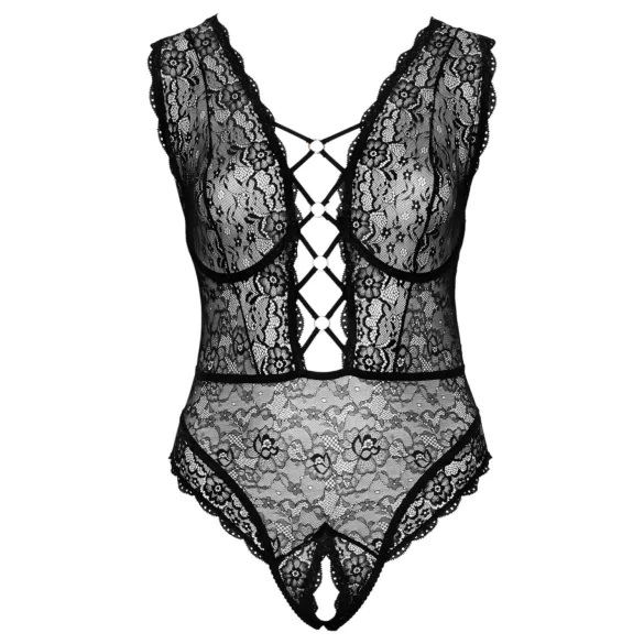 Cottelli Curves Plus Size - дамско боди с прозрачен десен - черно