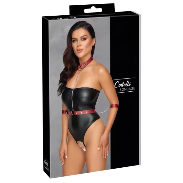 Cottelli Bondage - лъскаво боди и белезници за ръце - черно - L