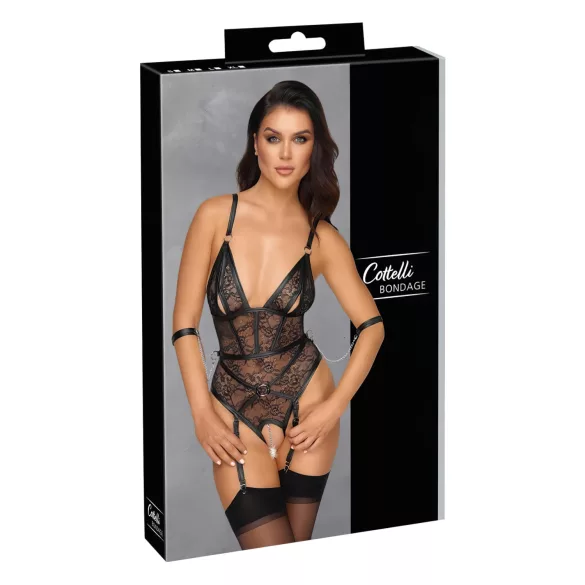 Cottelli Bondage - отворено боди с белезници - черно