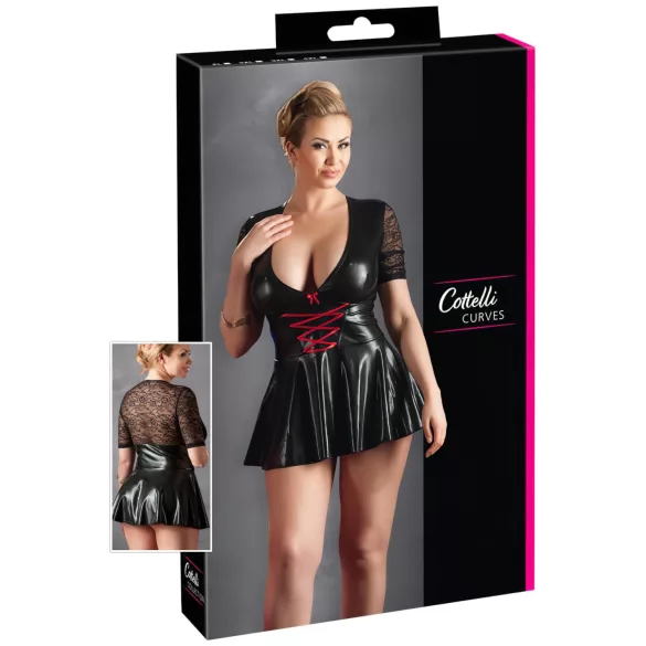 Cottelli Plus Size - лъскава рокля с червен корсет - черна