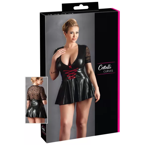 Cottelli Plus Size - лъскава рокля с червен корсет - черна - XXL