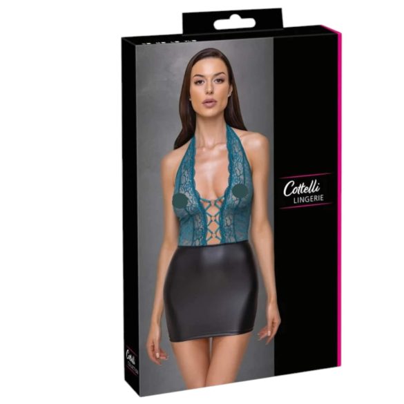 Cottelli - дамска рокля с връзки и дантела - лъскава черно-зелена - XL