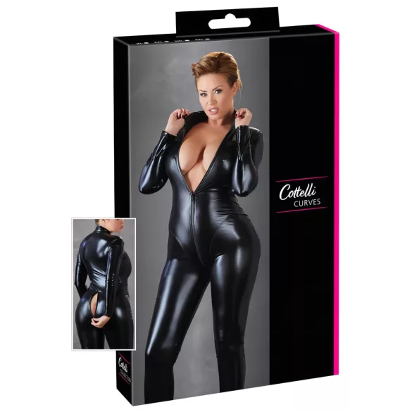 Cottelli Plus Size - дамски парти гащеризон с дълъг ръкав - лъскав черен - 3XL