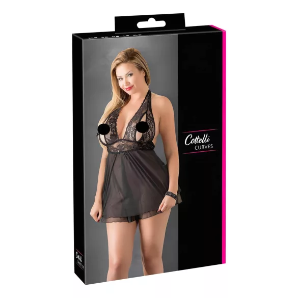 Cottelli Plus Size - дамски бебидол от дантела - черен